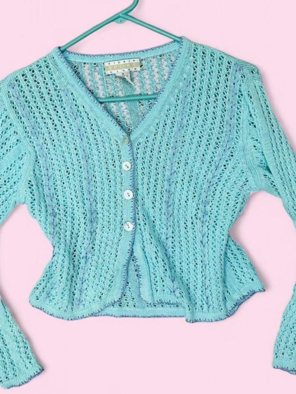 Sigrid Olsen Aqua & Lavender Knit Crochet Button-Front Cardigan